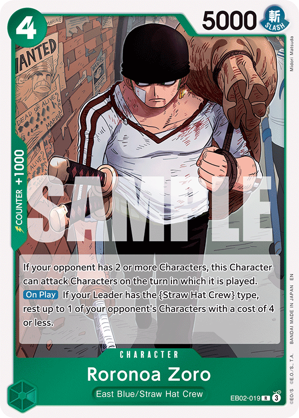 Carte Roronoa Zoro EB02-019 Rare — One Piece TCG EB-02 Anime 25th Collection (Bandai)