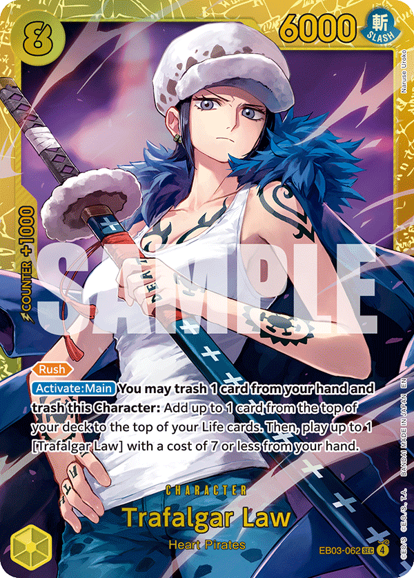 Carte Trafalgar Law EB03-062 Secret Rare — One Piece TCG EB-03 Heroines Edition (Bandai)