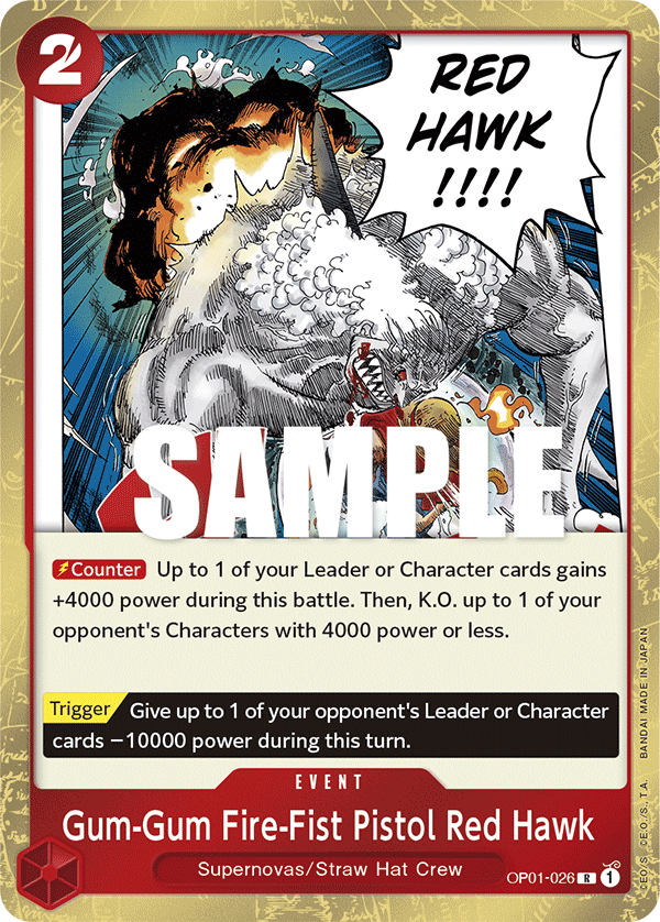 Carte Gum-Gum Fire-Fist Pistol Red Hawk OP01-026 Rare — One Piece TCG OP-01 Romance Dawn (Bandai)