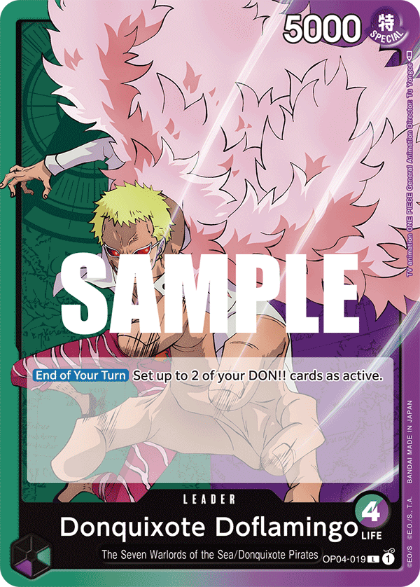 Carte Donquixote Doflamingo OP04-019 Leader — One Piece TCG OP-04 Kingdoms of Intrigue (Bandai)