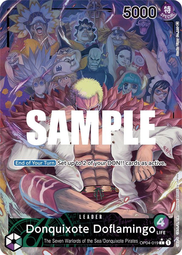 Carte Donquixote Doflamingo OP04-019_p1 Leader Alt Art — One Piece TCG OP-04 Kingdoms of Intrigue (Bandai)