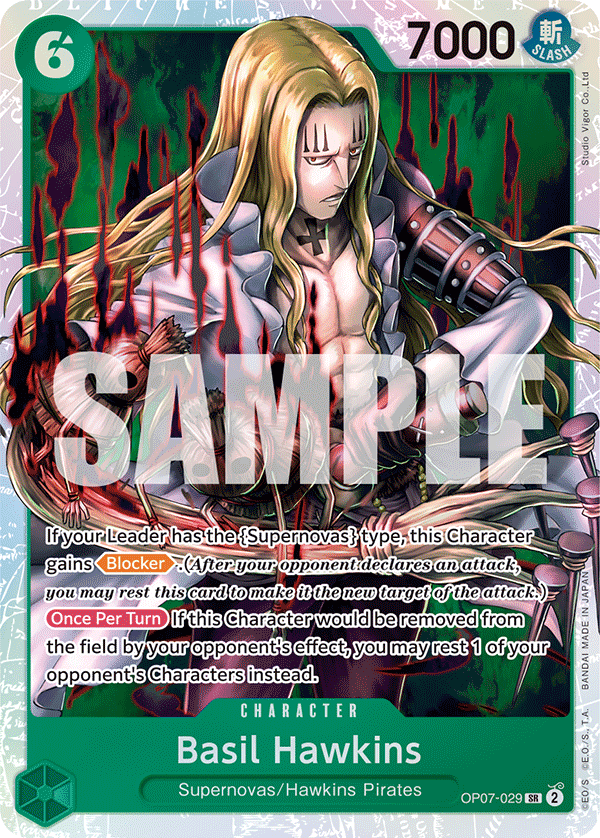Carte Basil Hawkins OP07-029 Super Rare — One Piece TCG OP-07 (Bandai)