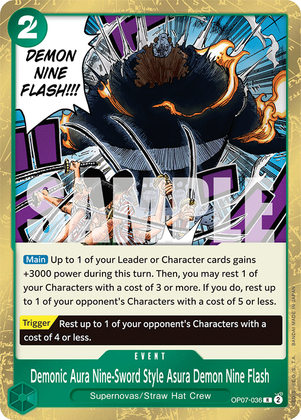 Carte Demonic Aura Nine-Sword Style Asura Demon Nine Flash OP07-036 Rare — One Piece TCG OP-07 500 Years in the Future (Bandai)