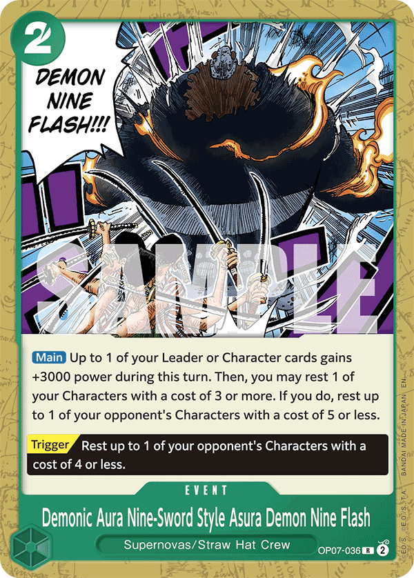 Carte Esprit démoniaque, technique à neuf sabres, Ashura, neuf éclairs démoniaques OP07-036_p1 Rare Alt Art — One Piece TCG ST-24 Starter Deck: Green Jewelry Bonney (Bandai)