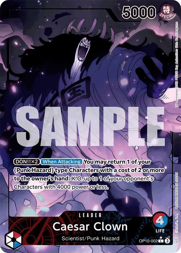 Carte César Clown OP10-002_p1 Leader — One Piece TCG OP-10 (Bandai)