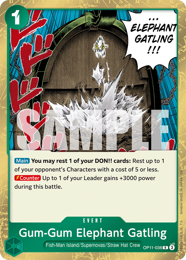 Carte Gum Gum Elephant Rafale OP11-038 Rare — One Piece TCG OP-11 A Fist of Divine Speed (Bandai)