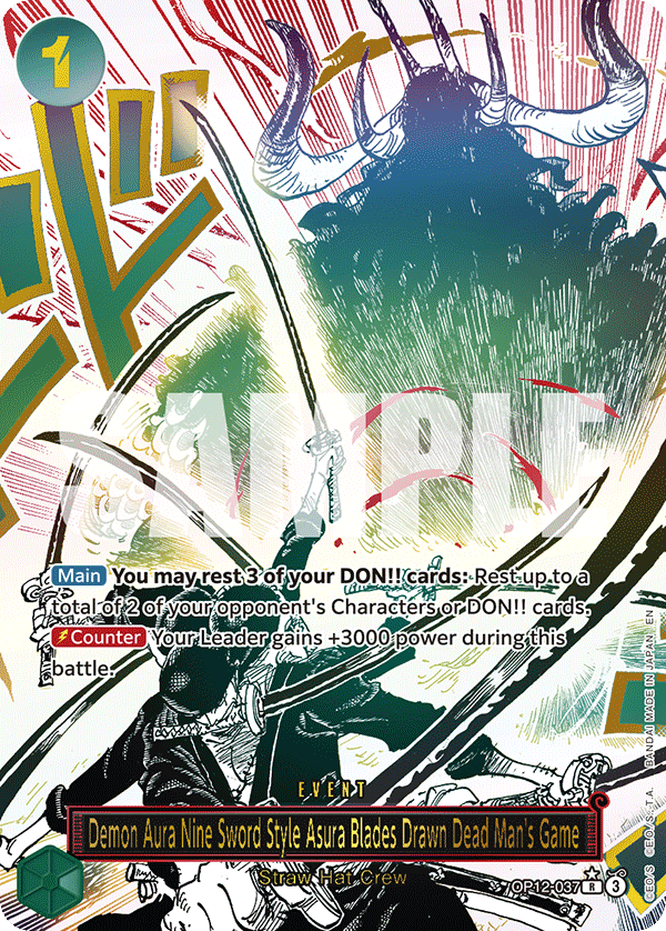 Carte Esprit démoniaque, technique à neuf sabres, Ashura, sabres au clair, facétie des revenants OP12-037_p1 Rare Alt Art — One Piece TCG OP-12 Legacy of the Master (Bandai)