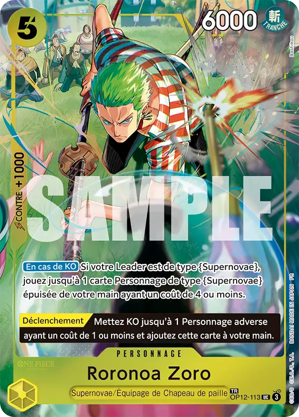 Carte Treasure Rare Roronoa Zoro OP12-113_p1 (TR FR) — One Piece TCG OP-14 The Azure Sea's Seven (Bandai)