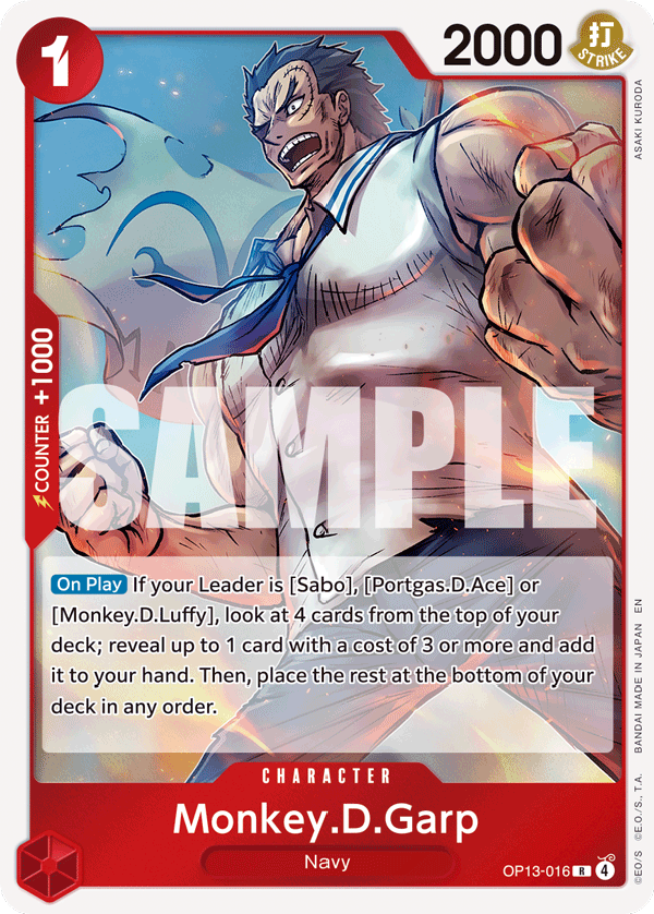 Carte Monkey D. Garp OP13-016 Rare — One Piece TCG OP-13 Carrying on His Will (Bandai)