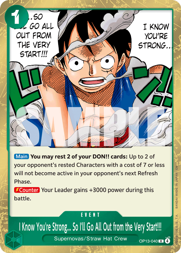 Carte S'il est aussi fort que vous le dites... Il va falloir mettre les bouchées doubles dès le début&nbsp;!! OP13-040 Rare — One Piece TCG OP-13 Carrying on His Will (Bandai)