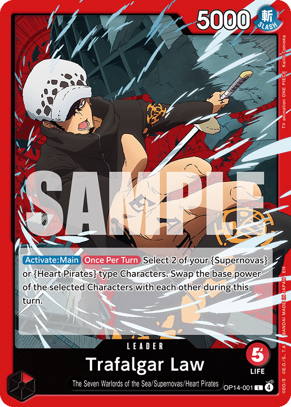 Carte Trafalgar Law OP14-001 Leader — One Piece TCG OP14-EB04 The Azure Sea's Seven (Bandai)