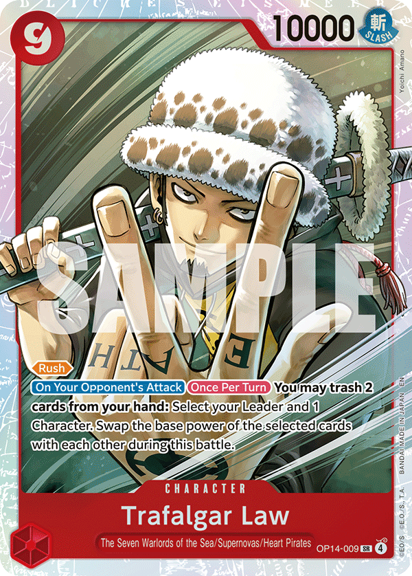 Carte Trafalgar Law OP14-009 Super Rare — One Piece TCG OP14-EB04 The Azure Sea's Seven (Bandai)