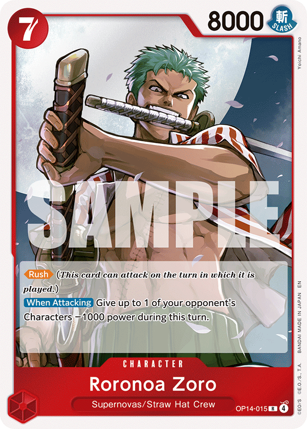 Carte Roronoa Zoro OP14-015 Rare — One Piece TCG OP14-EB04 The Azure Sea's Seven (Bandai)