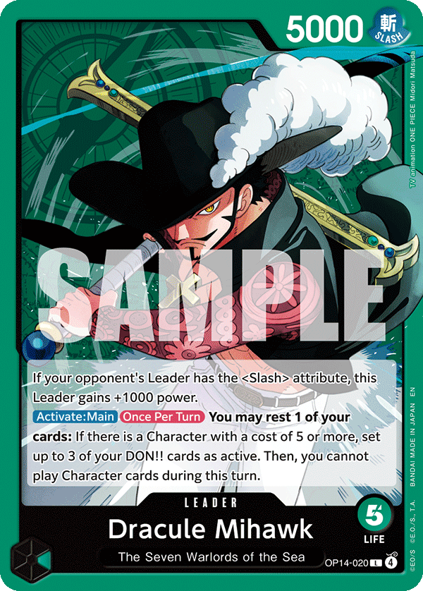 Carte Dracule Mihawk OP14-020 Leader — One Piece TCG OP14-EB04 The Azure Sea's Seven (Bandai)