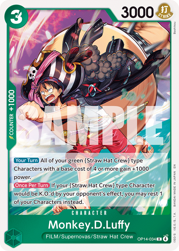 Carte Monkey D. Luffy OP14-034 Rare — One Piece TCG OP14-EB04 The Azure Sea's Seven (Bandai)