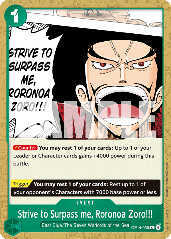 Carte Pour espérer pouvoir un jour me surpasser, Zoro&nbsp;!! OP14-036 Common — One Piece TCG OP14-EB04 The Azure Sea's Seven (Bandai)