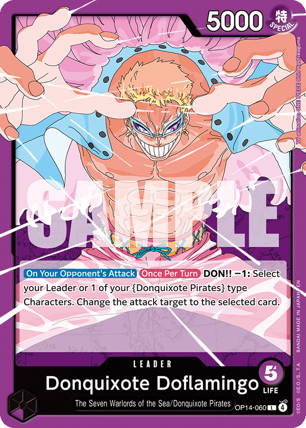 Carte Don Quijote Doflamingo OP14-060 Leader — One Piece TCG OP14-EB04 The Azure Sea's Seven (Bandai)