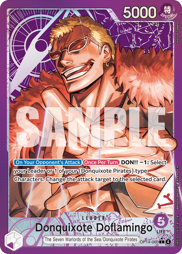 Carte Don Quijote Doflamingo OP14-060_p1 Leader Alt Art — One Piece TCG OP14-EB04 The Azure Sea's Seven (Bandai)