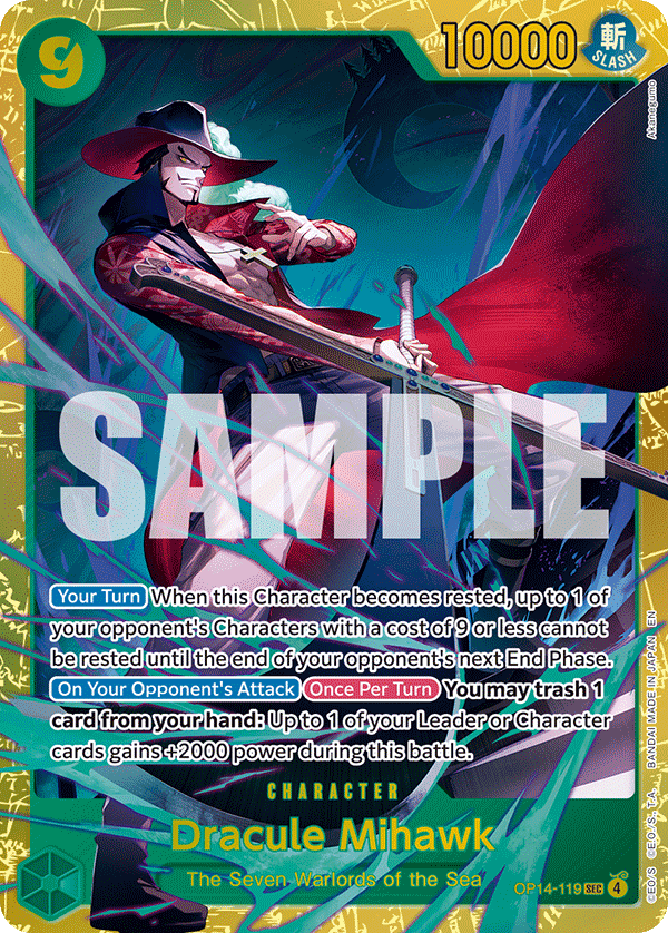 Carte Dracule Mihawk OP14-119 Secret Rare — One Piece TCG OP14-EB04 The Azure Sea's Seven (Bandai)