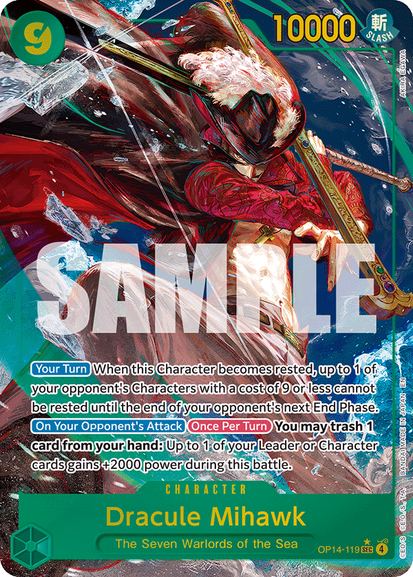 Carte Dracule Mihawk OP14-119_p1 Secret Rare Alt Art — One Piece TCG OP14-EB04 The Azure Sea's Seven (Bandai)