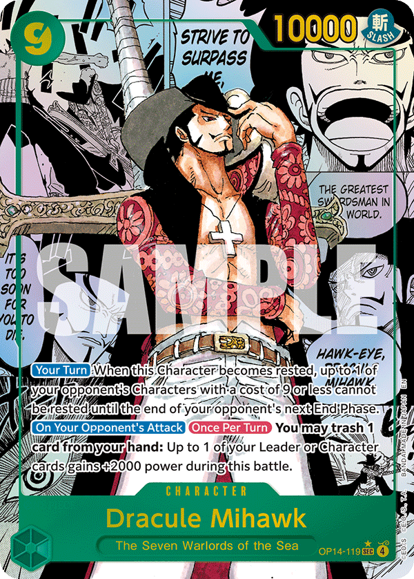 Carte Manga Rare Dracule Mihawk OP14-119_p2 Secret Rare — One Piece TCG OP14-EB04 The Azure Sea's Seven (Bandai)