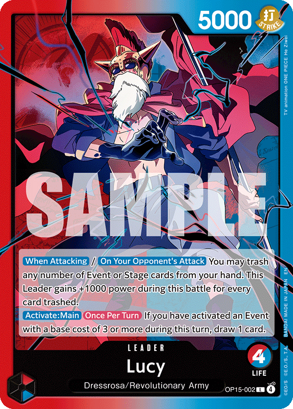 Carte Lucy OP15-002 Leader — One Piece TCG OP15-EB04 (Bandai)