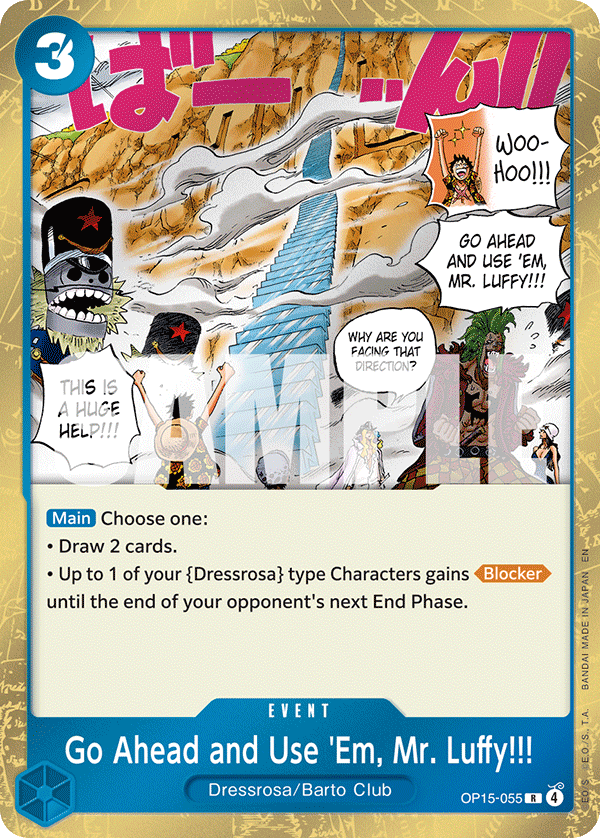 Carte Go Ahead and Use 'Em, Mr. Luffy!!! OP15-055 Rare — One Piece TCG OP15-EB04 Adventure on Kami's Island (Bandai)