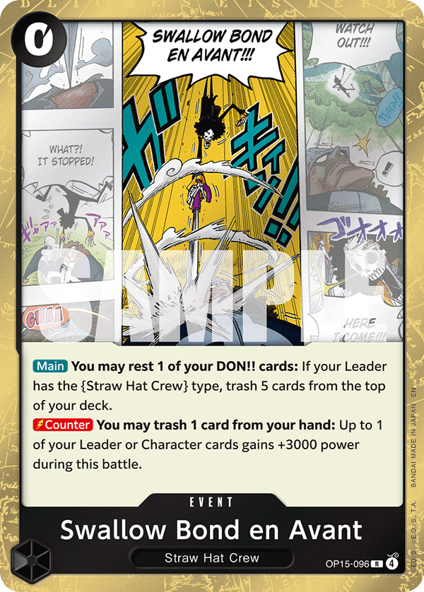 Carte Swallow Bond en Avant OP15-096 Rare — One Piece TCG OP15-EB04 Adventure on Kami's Island (Bandai)