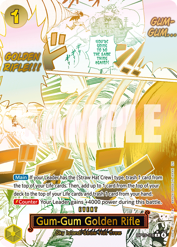Carte Gum-Gum Golden Rifle OP15-116_p1 Rare Alt Art — One Piece TCG OP15-EB04 Adventure on Kami's Island (Bandai)