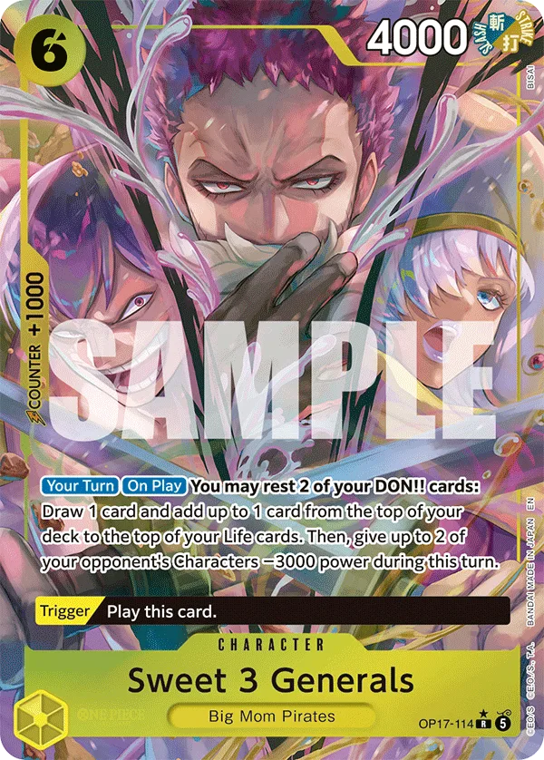 Carte Trois généraux sucrés OP17-114_p1 Rare Parallel Alt-Art — One Piece TCG OP-17 BOOSTER PACK -THE WORLD’S STRONGEST WARRIORS- (Bandai, 2026-08-28)