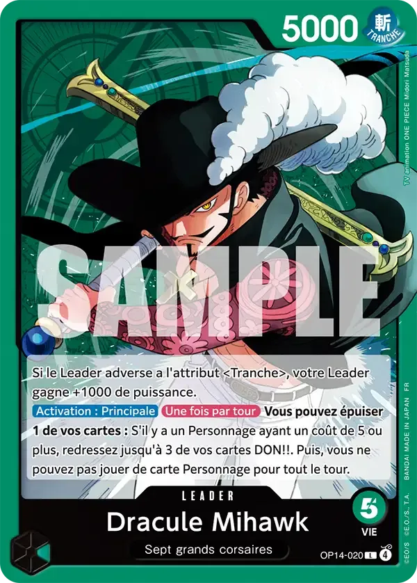 Leader Dracule Mihawk OP14-020 en version française, banni de la banlist One Piece à partir du 12 octobre 2026