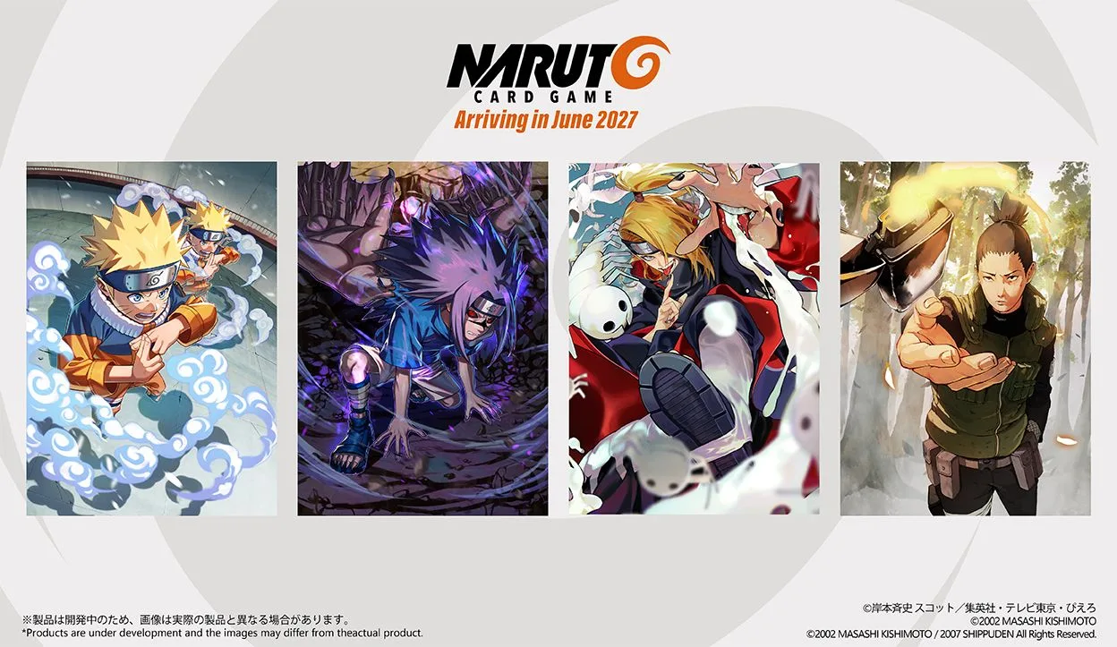 Illustrations du premier booster du NARUTO CARD GAME « Here Comes Naruto Uzumaki! » : Naruto, Sasuke, Deidara et Shikamaru