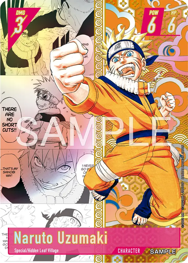 Carte Naruto Uzumaki du NARUTO CARD GAME avec des cases du manga en fond