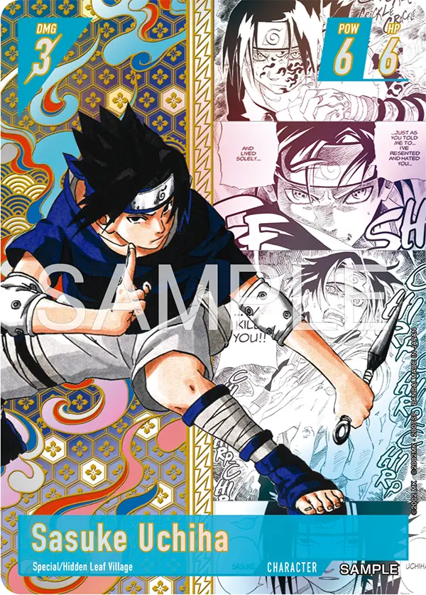 Carte Sasuke Uchiha du NARUTO CARD GAME avec des cases du manga en fond