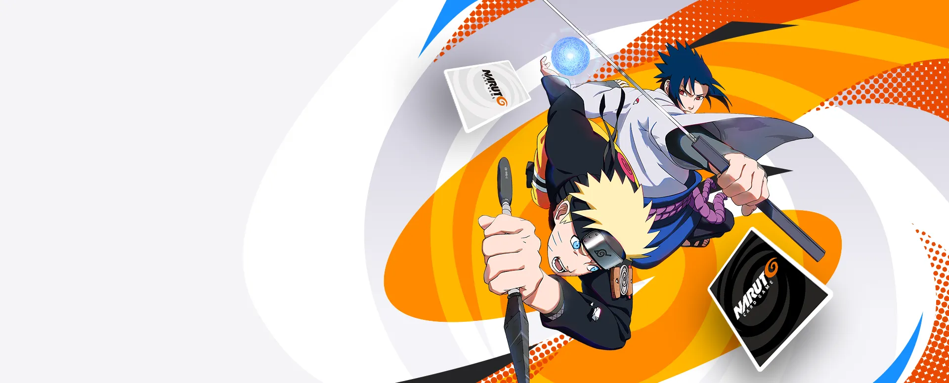 Visuel officiel du NARUTO CARD GAME de Bandai : Naruto Uzumaki et Sasuke Uchiha avec le dos des cartes du jeu