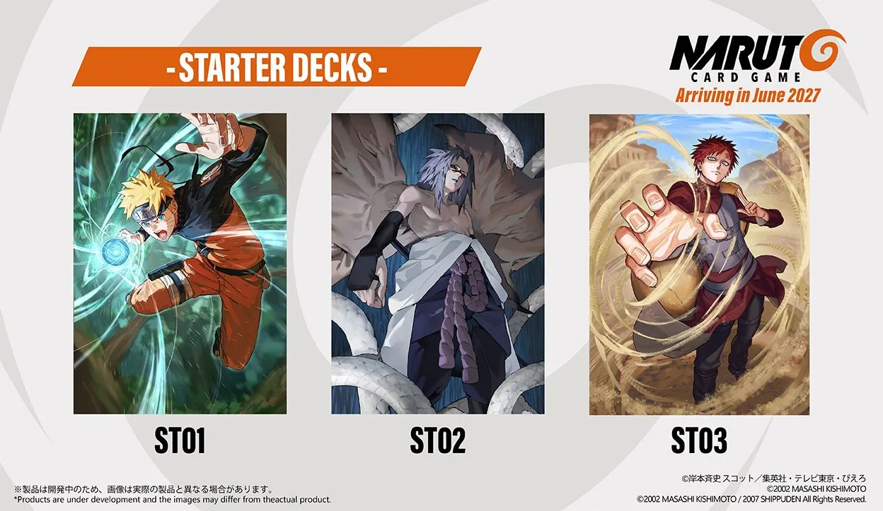 Les trois starter decks du NARUTO CARD GAME : ST01 Naruto Uzumaki, ST02 Sasuke Uchiha et ST03 Gaara, sortie juin 2027