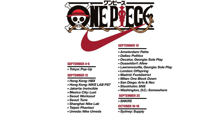 Calendrier officiel des sorties Nike x One Piece : Tokyo 4-6 septembre, boutiques partenaires 12 et 19 septembre, SNKRS 25 septembre, Sydney 16-18 octobre 2026