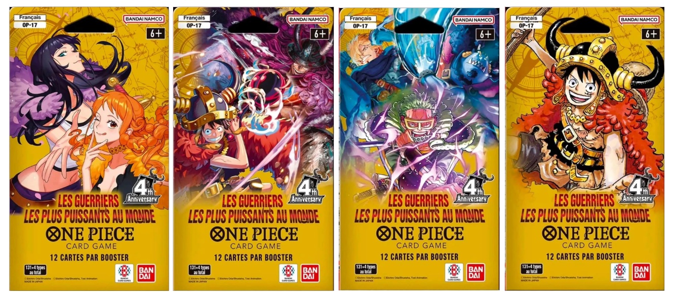 Les 4 boosters français OP-17 « Les Guerriers les plus puissants au monde » : Robin et Nami, Luffy contre Kaido, trio en action, Luffy en tenue d’Elbaf