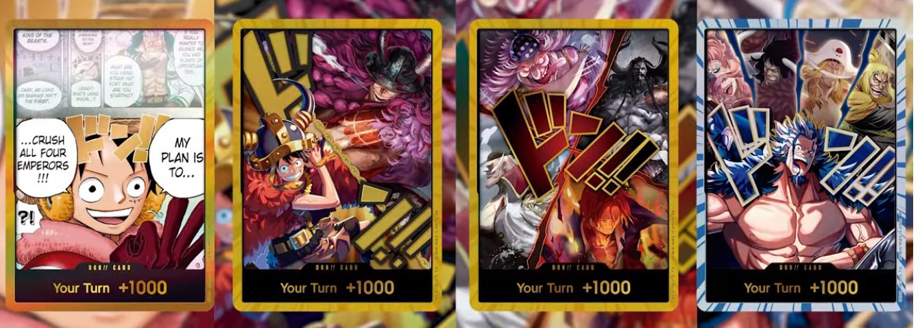 Les 4 cartes DON!! spéciales de l’OP-17 : DON!! manga Luffy, DON!! dorées et DON!! Rocks D. Xebec 4th Anniversary