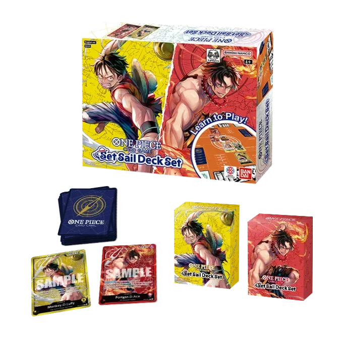 Contenu du Set Sail Deck Set SD-01 One Piece Card Game : boîte, deux deck cases Luffy et Ace, cartes DON!! et Leaders