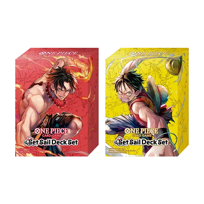 Les deux deck cases du Set Sail Deck Set SD-01 : Ace rouge et Luffy jaune