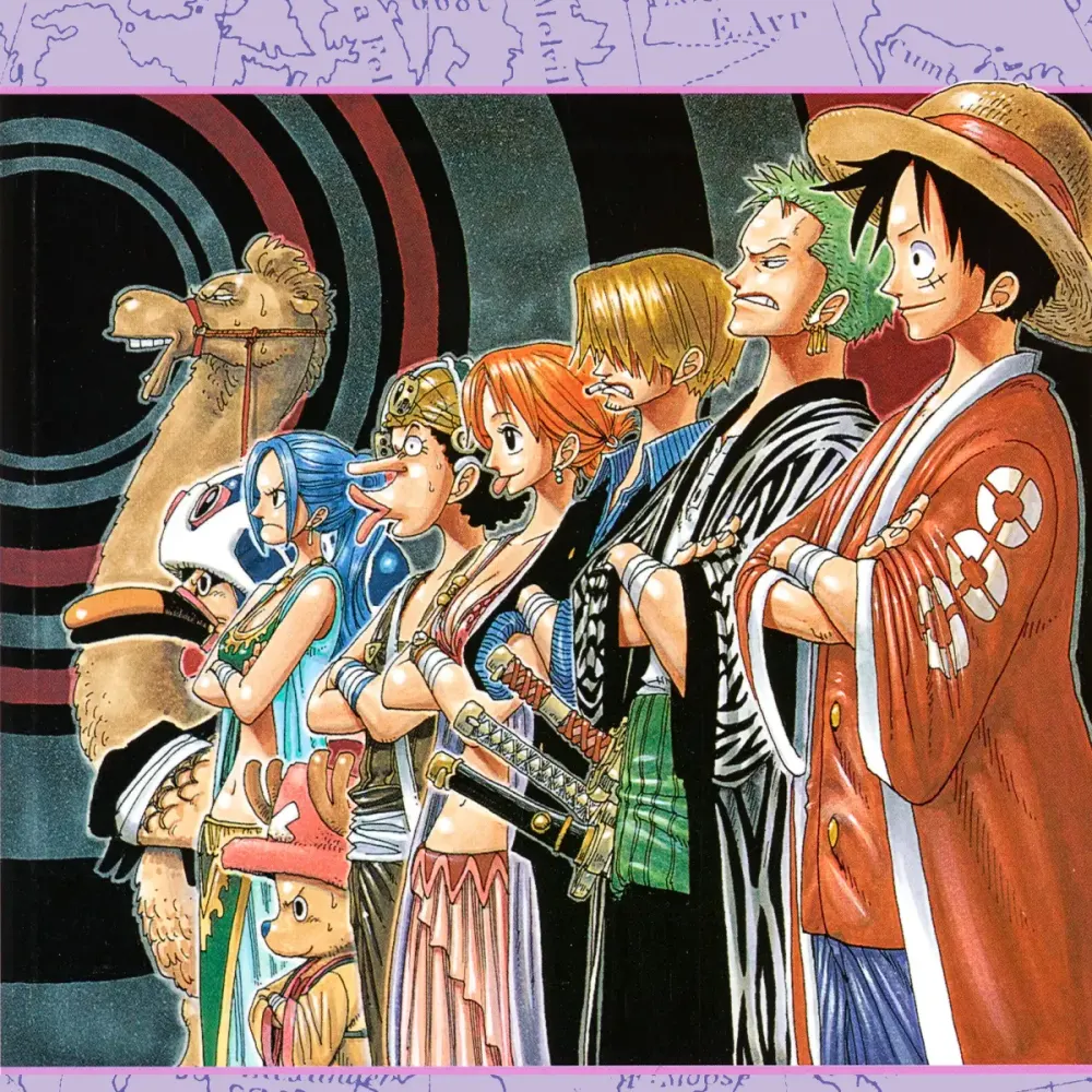 Illustration officielle du ST-37 One Piece : Luffy, Zoro, Sanji, Nami, Usopp, Vivi, Chopper et Karoo à Alabasta