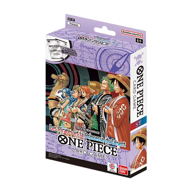 Boîte officielle française du Starter Deck ST-37 One Piece « Les Pirates et la Princesse du Désert », Luffy et Vivi, sortie le 18 décembre 2026