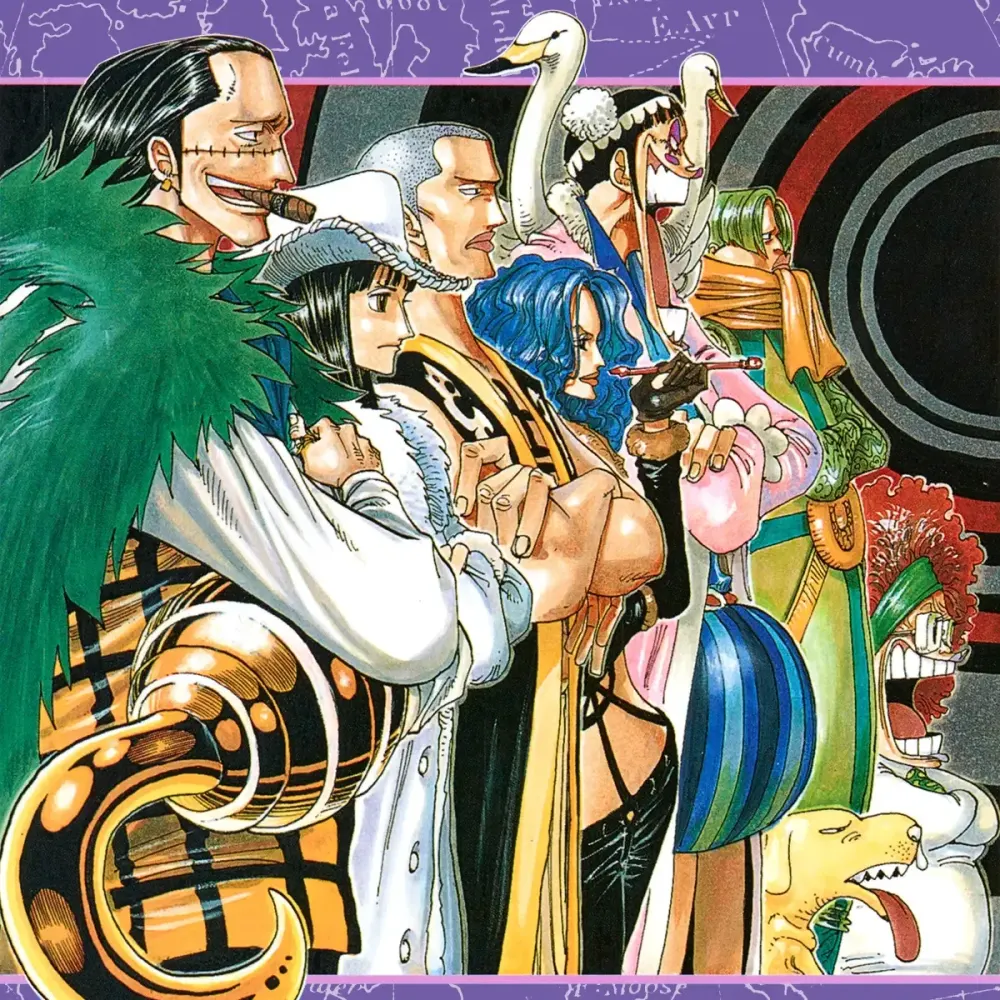 Illustration officielle du ST-38 One Piece Baroque Works : Crocodile, Miss All Sunday, Mr. 1, Miss Doublefinger et Mr. 2